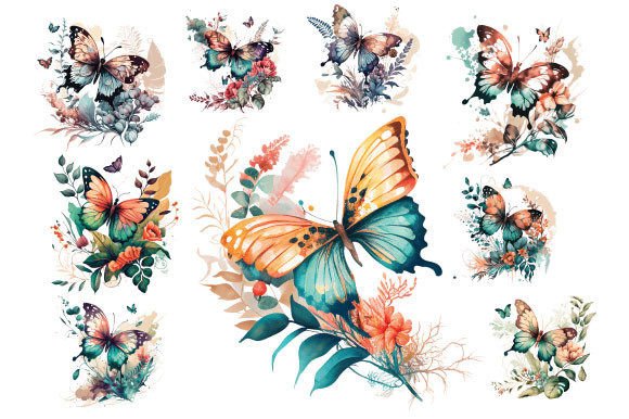 Download Retro Butterfly Floral Watercolor Bundle - Floral watercolor Collection
