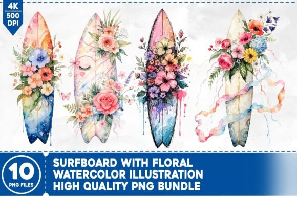 Download Surfboard with Floral Watercolor Bundle - Floral watercolor Collection